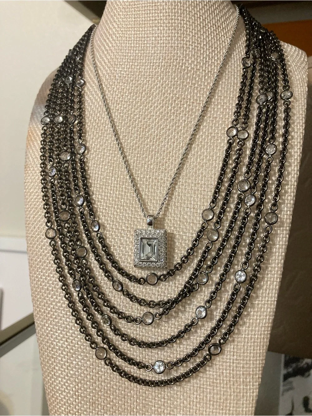 💗 SOLD💗 Emporio Armani Gunmetal Multi-Strand Necklace with Clear Crystals